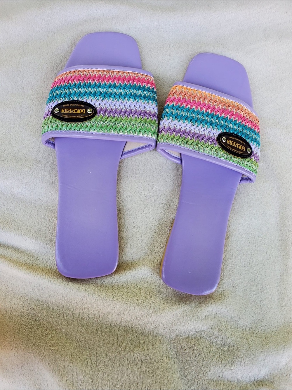 Classic Lavender Slide Sandals with Rainbow Crochet Strap